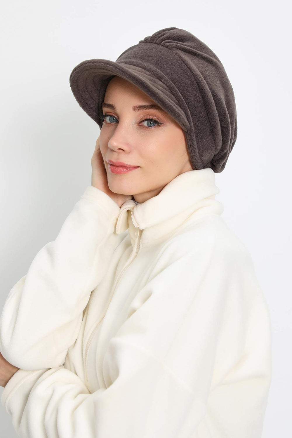 Women's Winter Fleece Visor Cap Turban, Visored Fleece Turban Hat for Women, Warm and Elegant Winter Cap,B-73PL Smoky Gray