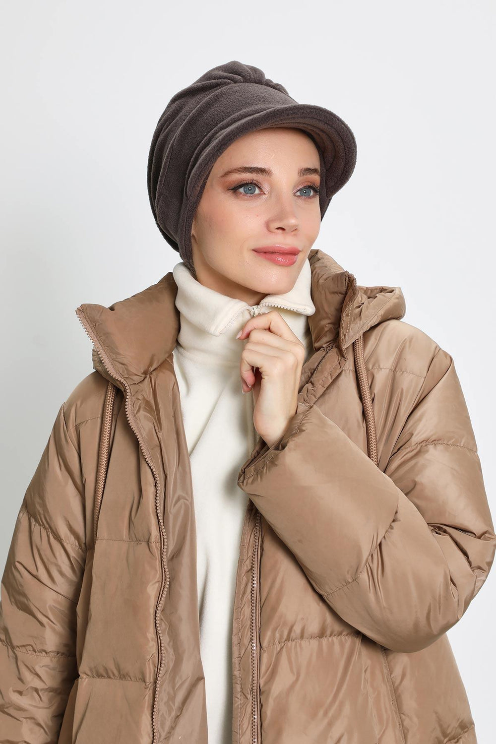 Women's Winter Fleece Visor Cap Turban, Visored Fleece Turban Hat for Women, Warm and Elegant Winter Cap,B-73PL Smoky Gray