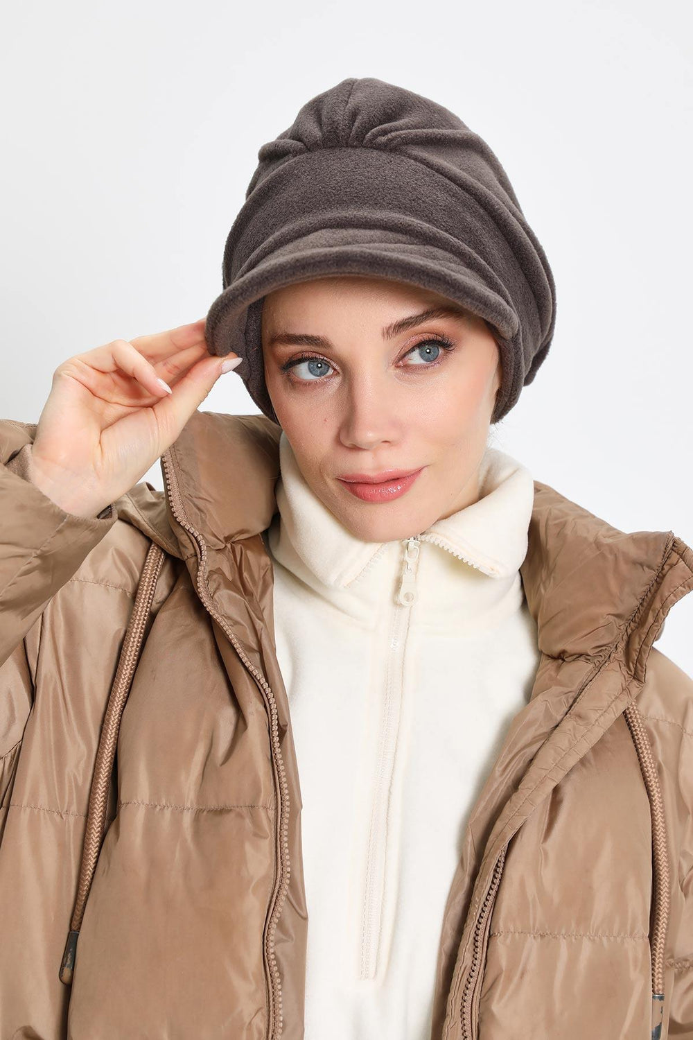 Women's Winter Fleece Visor Cap Turban, Visored Fleece Turban Hat for Women, Warm and Elegant Winter Cap,B-73PL Smoky Gray