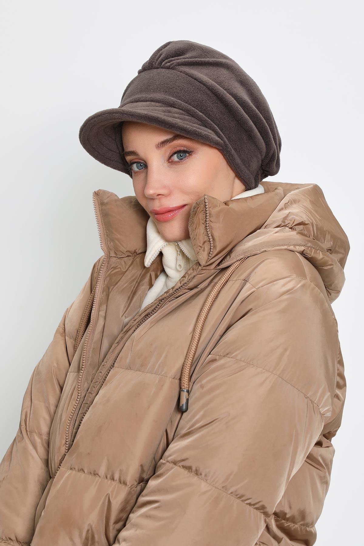 Women's Winter Fleece Visor Cap Turban, Visored Fleece Turban Hat for Women, Warm and Elegant Winter Cap,B-73PL Smoky Gray