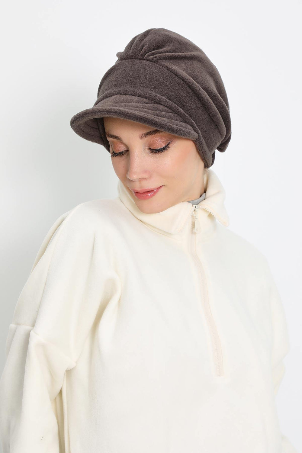 Women's Winter Fleece Visor Cap Turban, Visored Fleece Turban Hat for Women, Warm and Elegant Winter Cap,B-73PL Smoky Gray