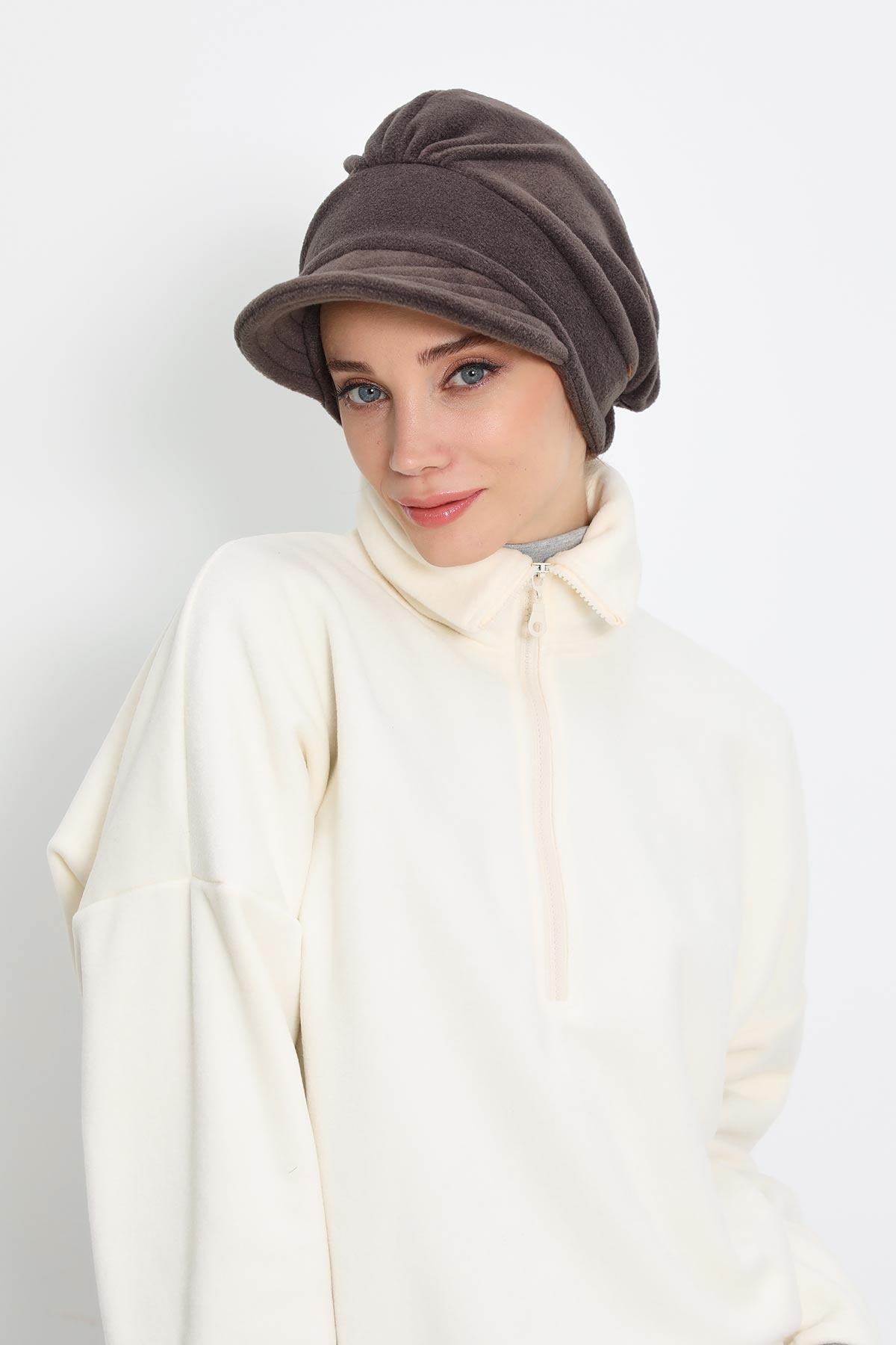 Women's Winter Fleece Visor Cap Turban, Visored Fleece Turban Hat for Women, Warm and Elegant Winter Cap,B-73PL Smoky Gray