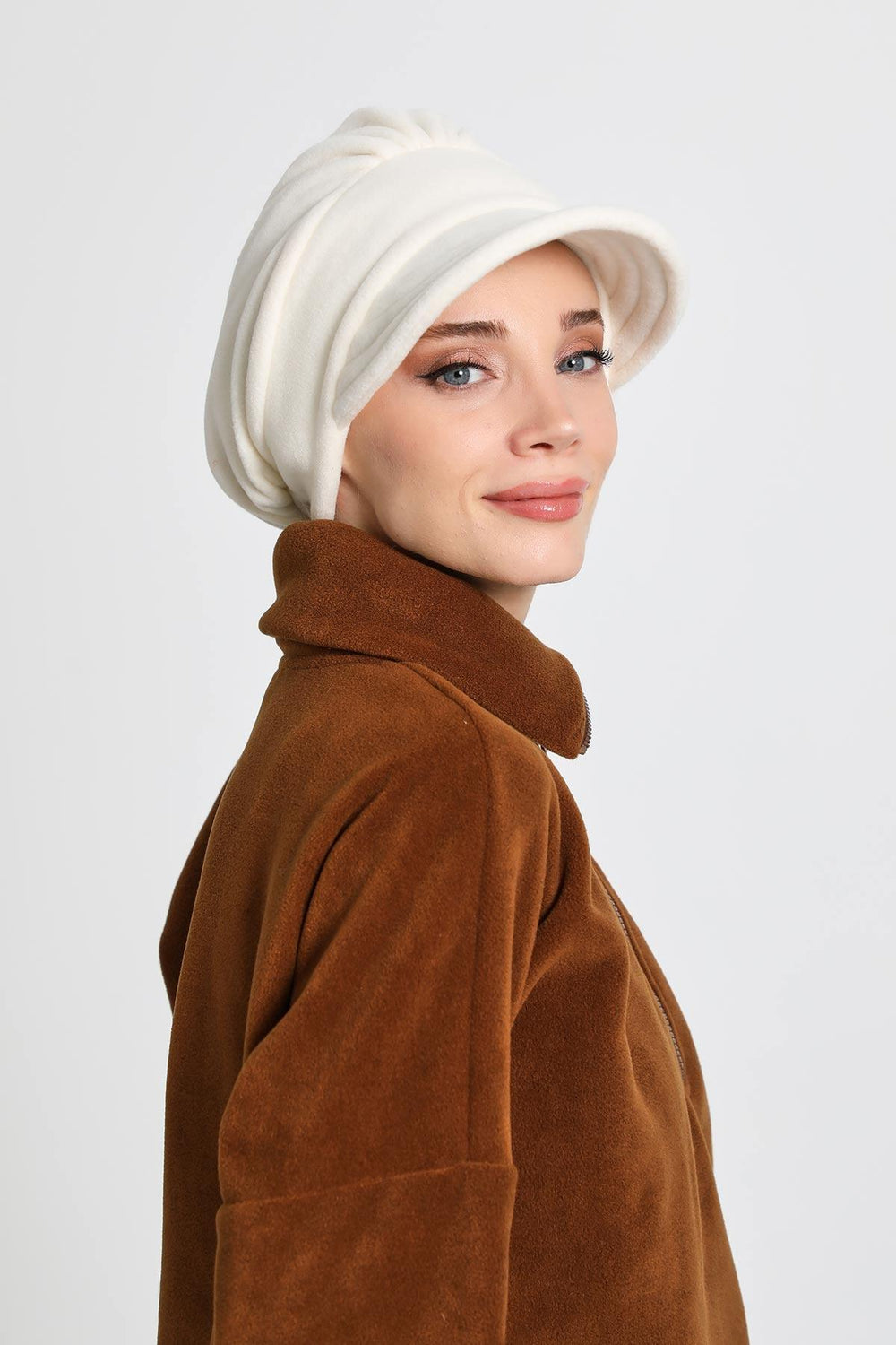 Women's Winter Fleece Visor Cap Turban, Visored Fleece Turban Hat for Women, Warm and Elegant Winter Cap,B-73PL Ecru