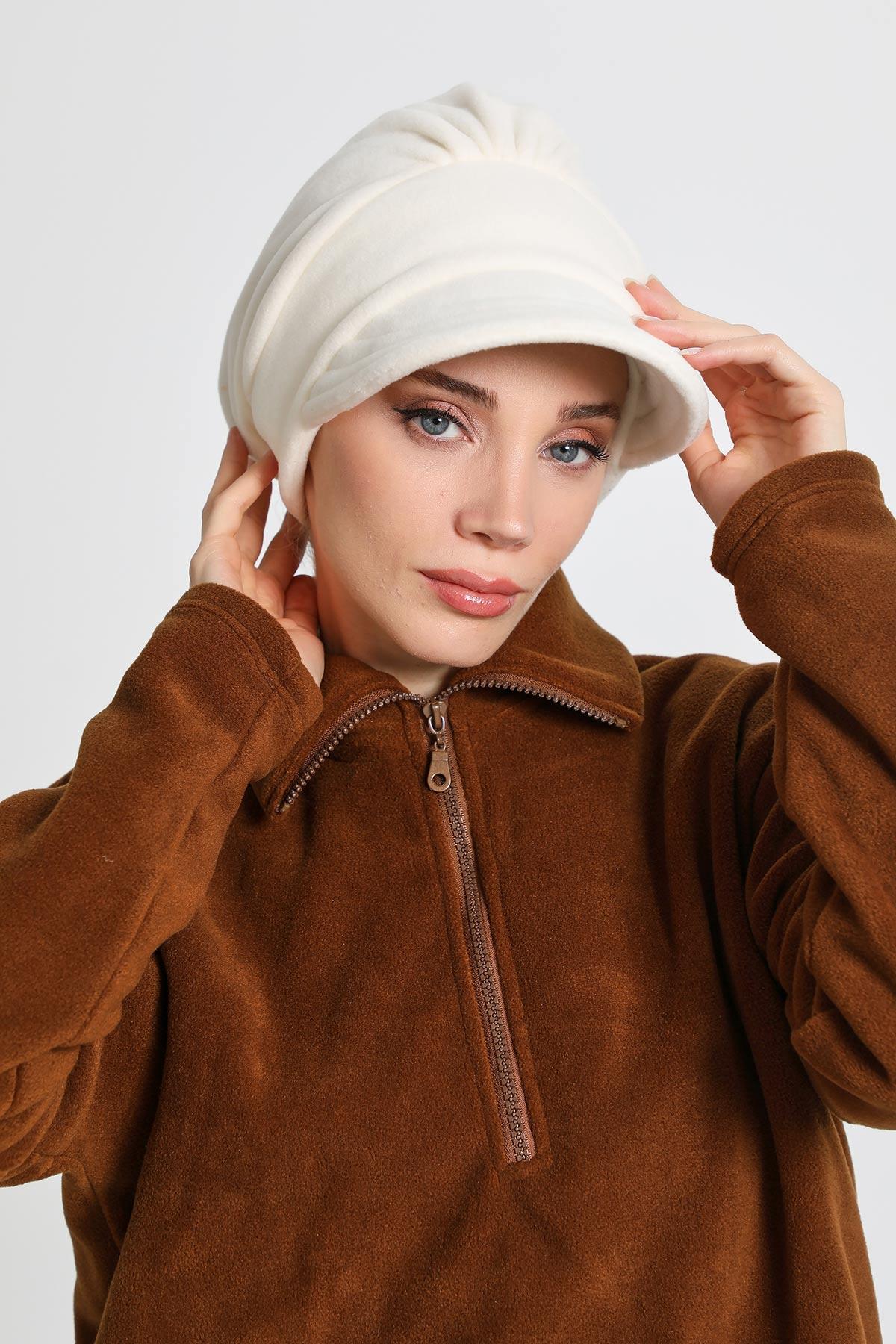 Women's Winter Fleece Visor Cap Turban, Visored Fleece Turban Hat for Women, Warm and Elegant Winter Cap,B-73PL Ecru