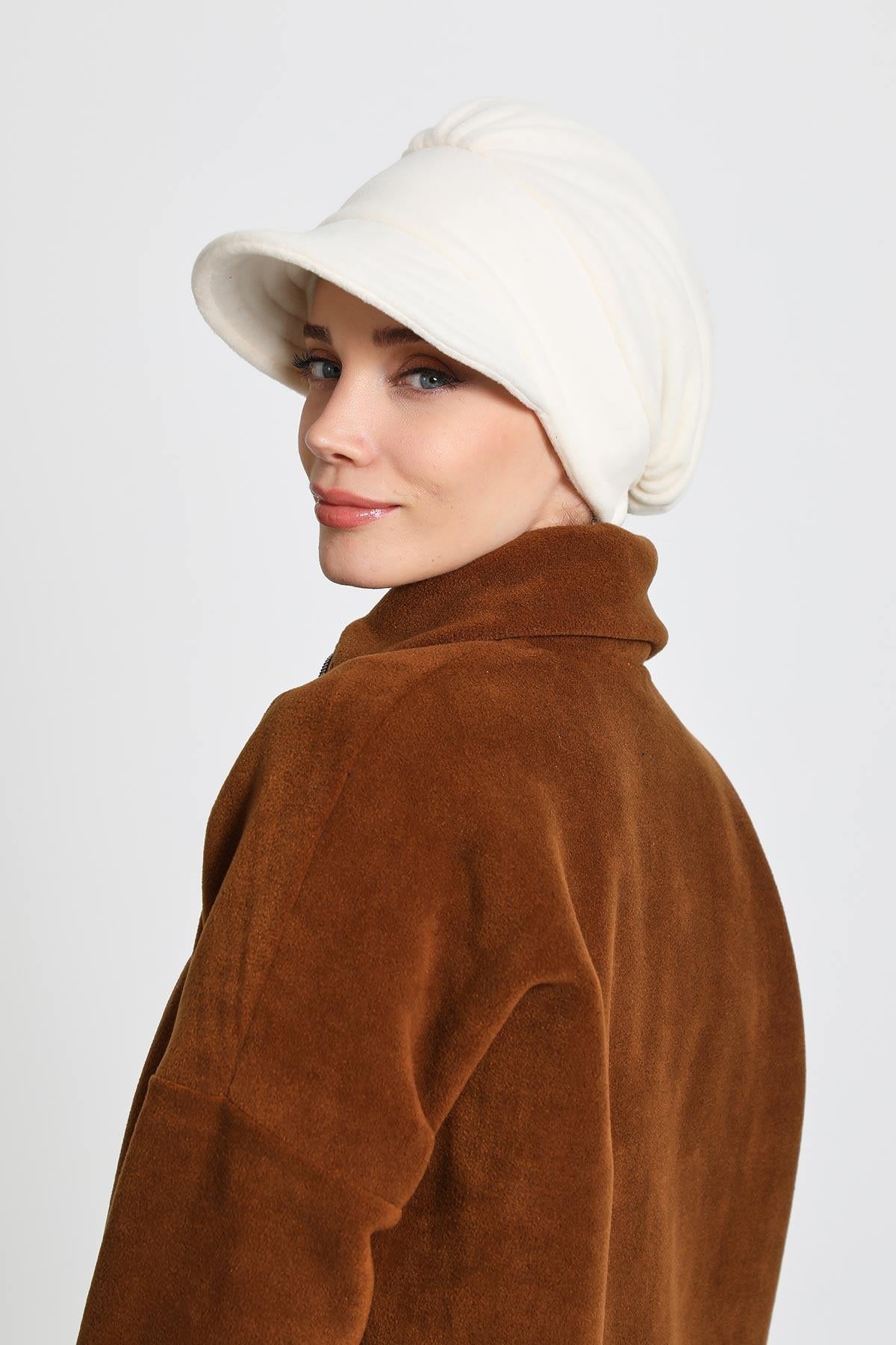 Women's Winter Fleece Visor Cap Turban, Visored Fleece Turban Hat for Women, Warm and Elegant Winter Cap,B-73PL Ecru
