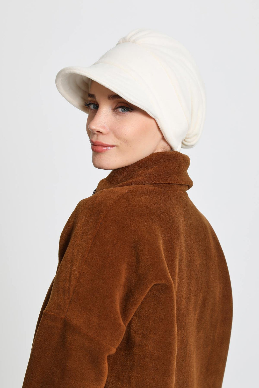 Women's Winter Fleece Visor Cap Turban, Visored Fleece Turban Hat for Women, Warm and Elegant Winter Cap,B-73PL Ecru