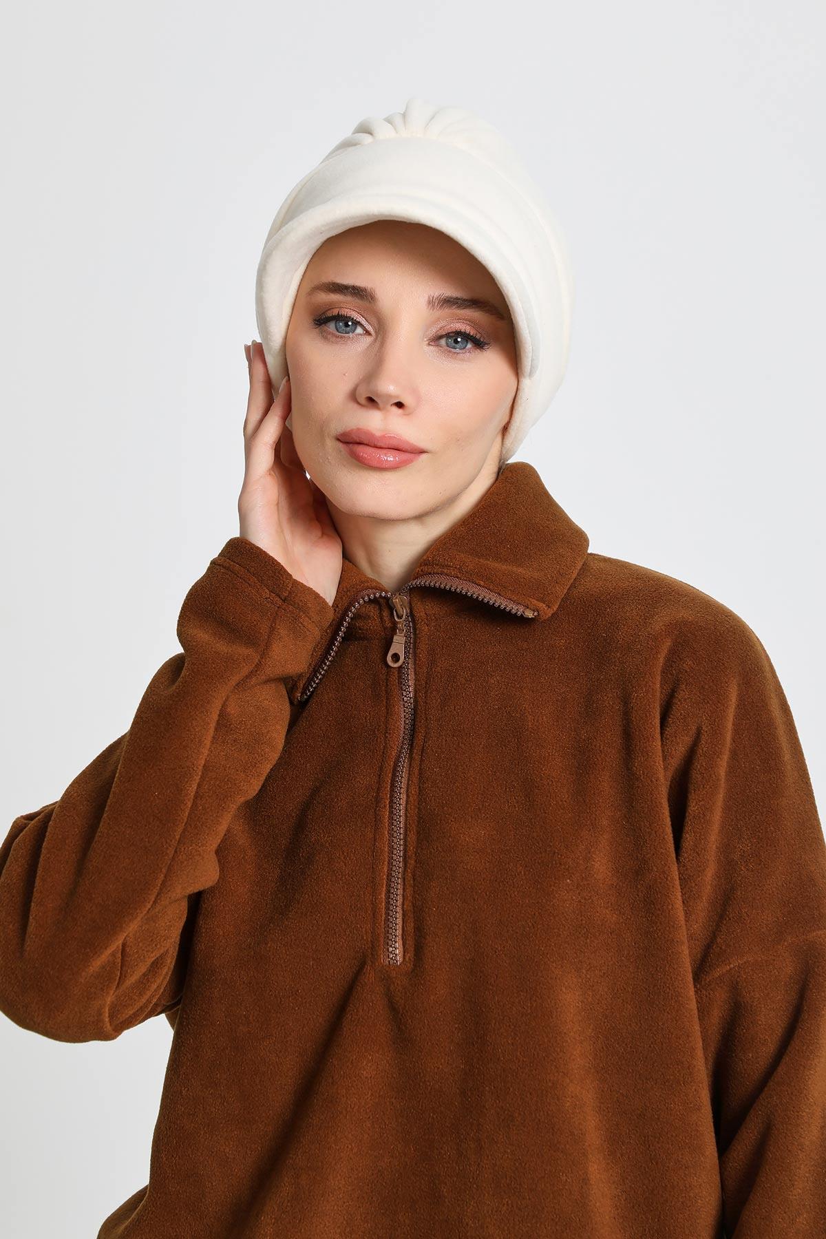 Women's Winter Fleece Visor Cap Turban, Visored Fleece Turban Hat for Women, Warm and Elegant Winter Cap,B-73PL Ecru