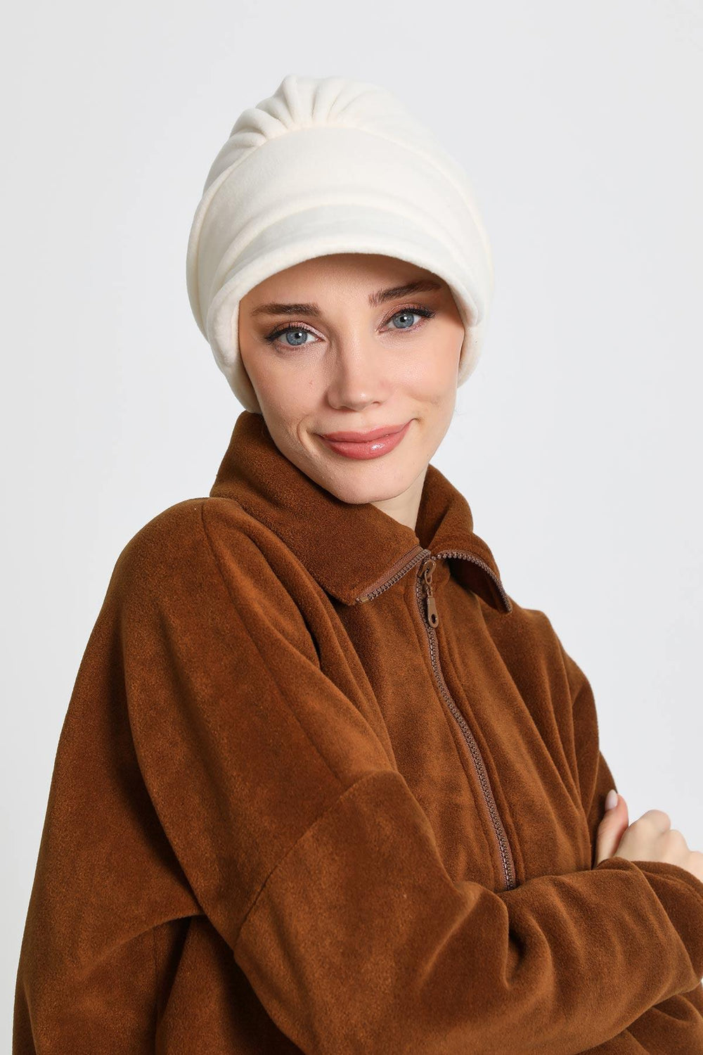 Women's Winter Fleece Visor Cap Turban, Visored Fleece Turban Hat for Women, Warm and Elegant Winter Cap,B-73PL Ecru
