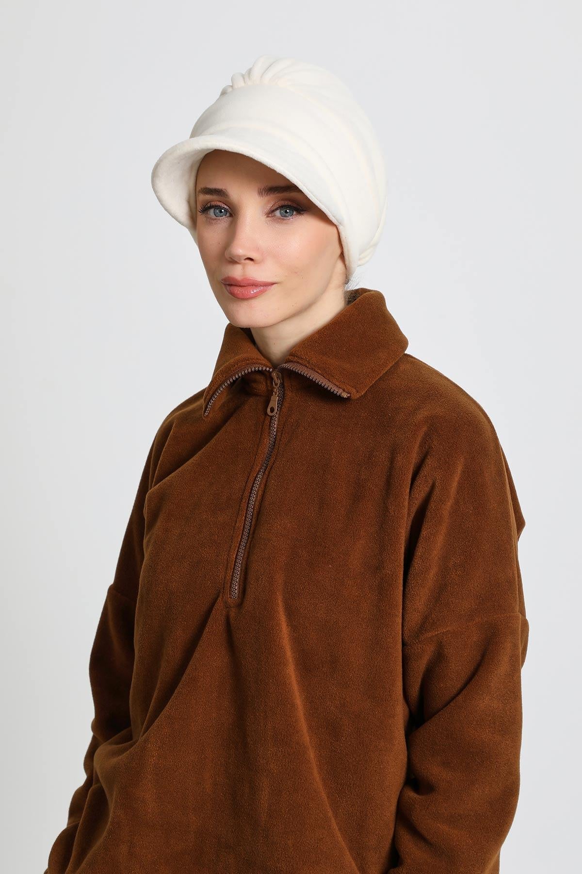 Women's Winter Fleece Visor Cap Turban, Visored Fleece Turban Hat for Women, Warm and Elegant Winter Cap,B-73PL Ecru