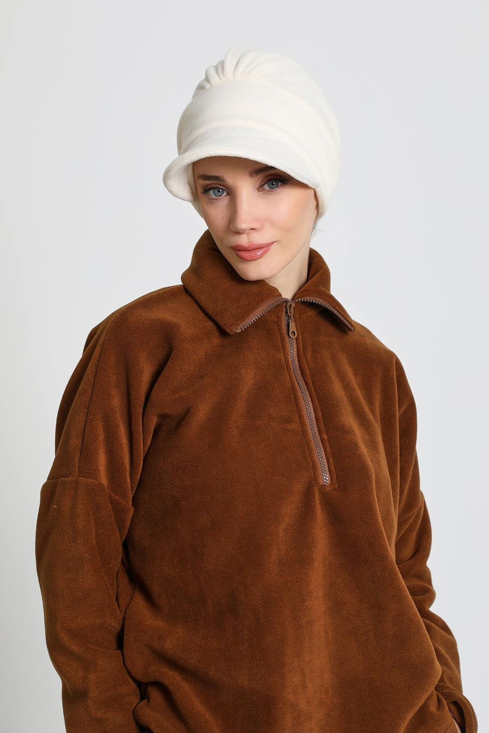 Women's Winter Fleece Visor Cap Turban, Visored Fleece Turban Hat for Women, Warm and Elegant Winter Cap,B-73PL Ecru