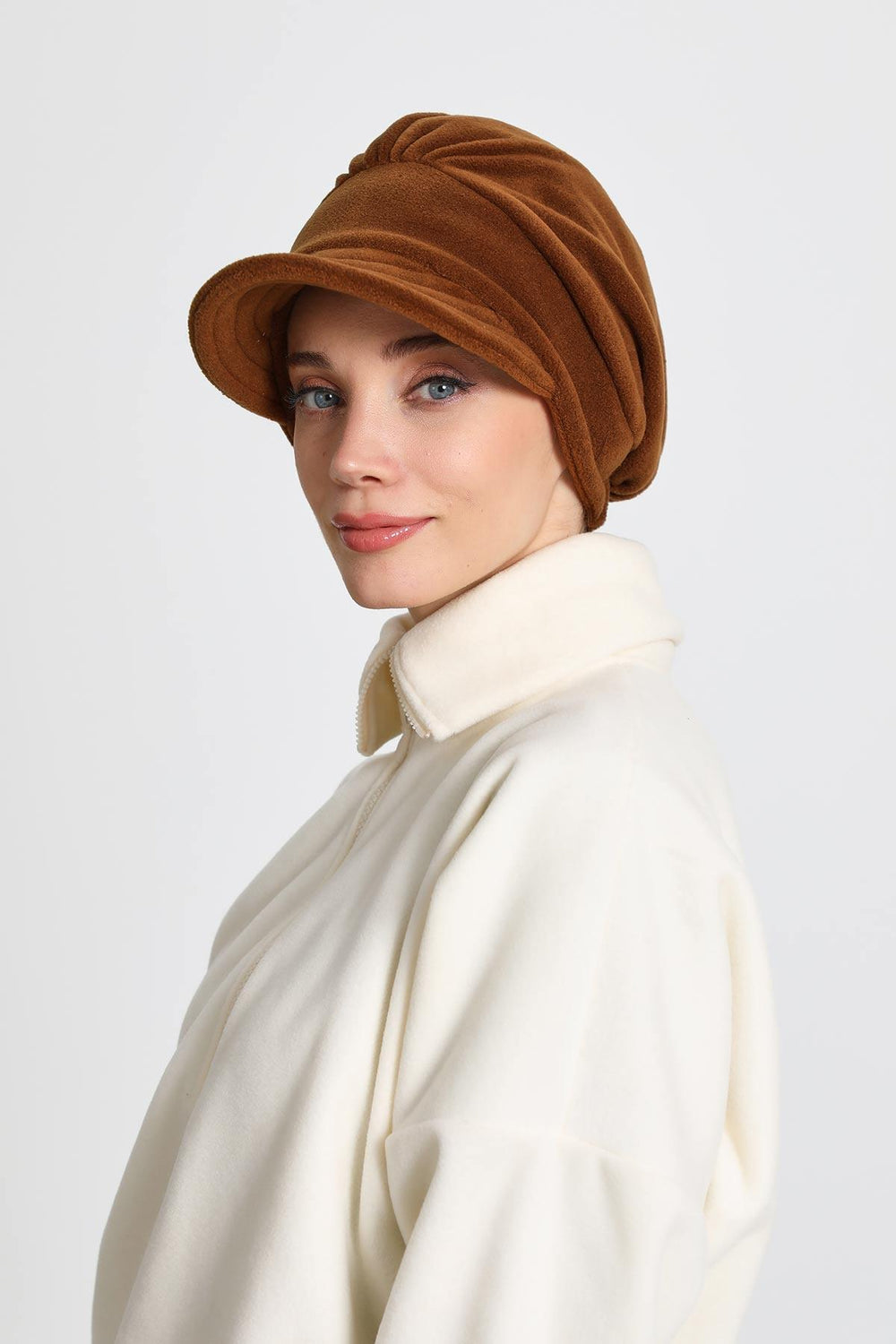 Women's Winter Fleece Visor Cap Turban, Visored Fleece Turban Hat for Women, Warm and Elegant Winter Cap,B-73PL Brown