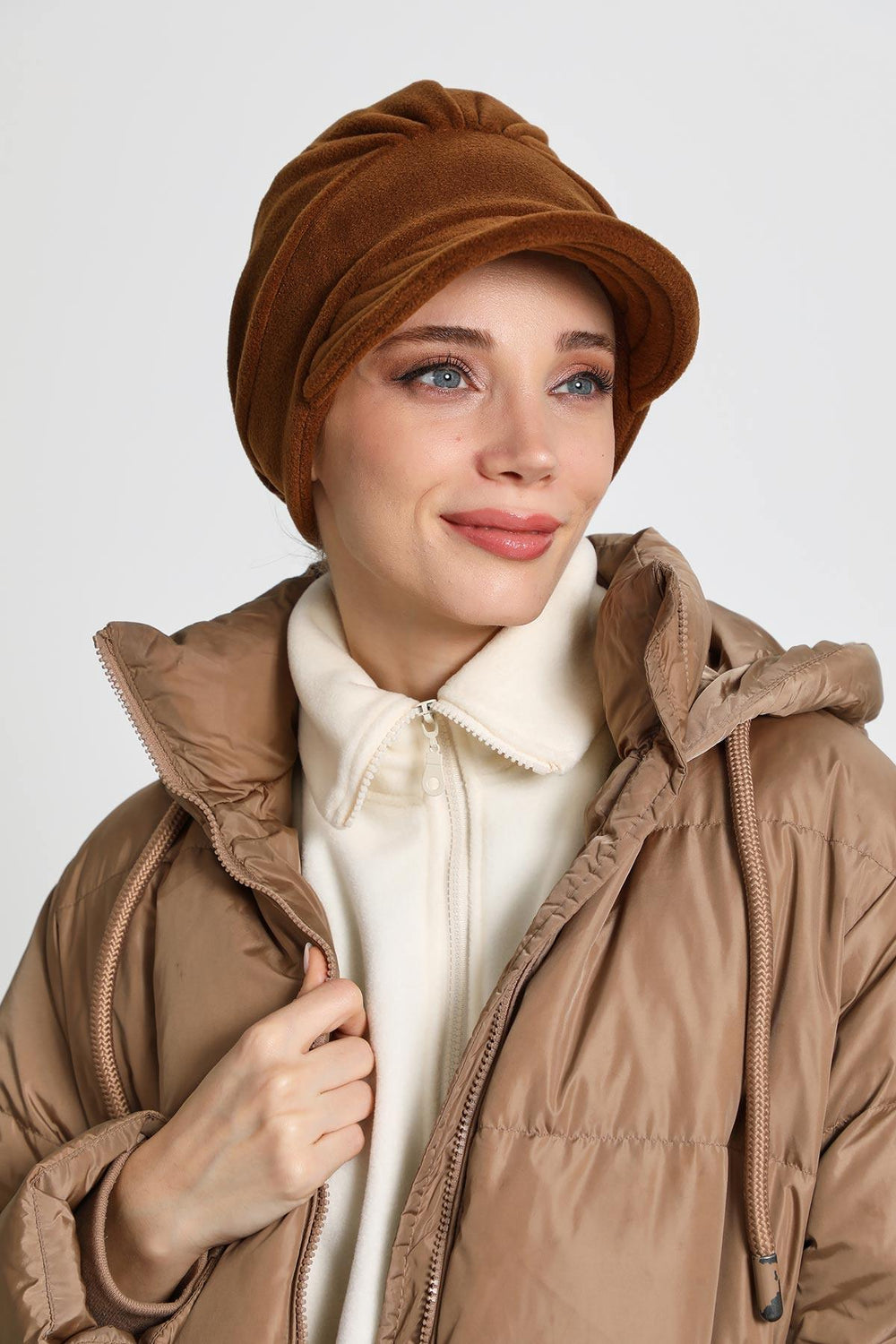Women's Winter Fleece Visor Cap Turban, Visored Fleece Turban Hat for Women, Warm and Elegant Winter Cap,B-73PL Brown