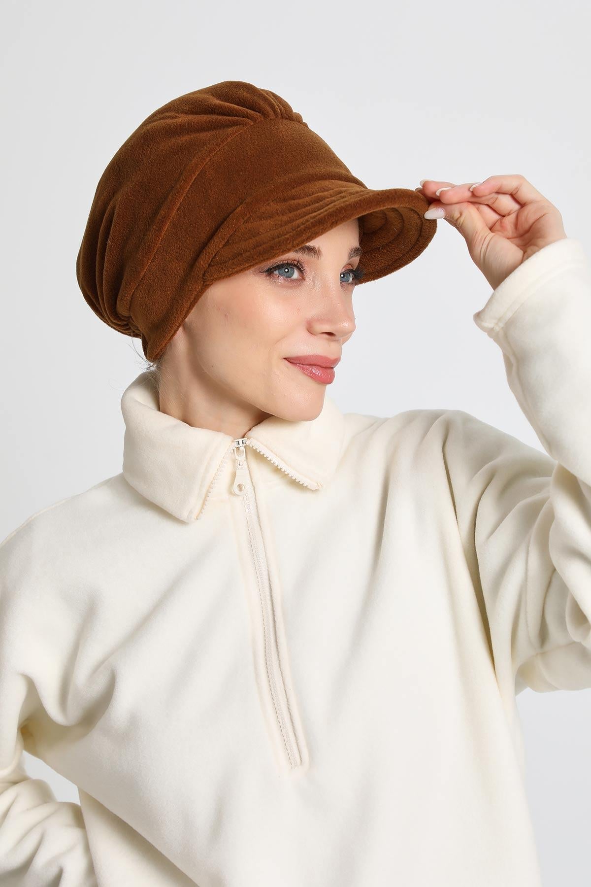 Women's Winter Fleece Visor Cap Turban, Visored Fleece Turban Hat for Women, Warm and Elegant Winter Cap,B-73PL Brown