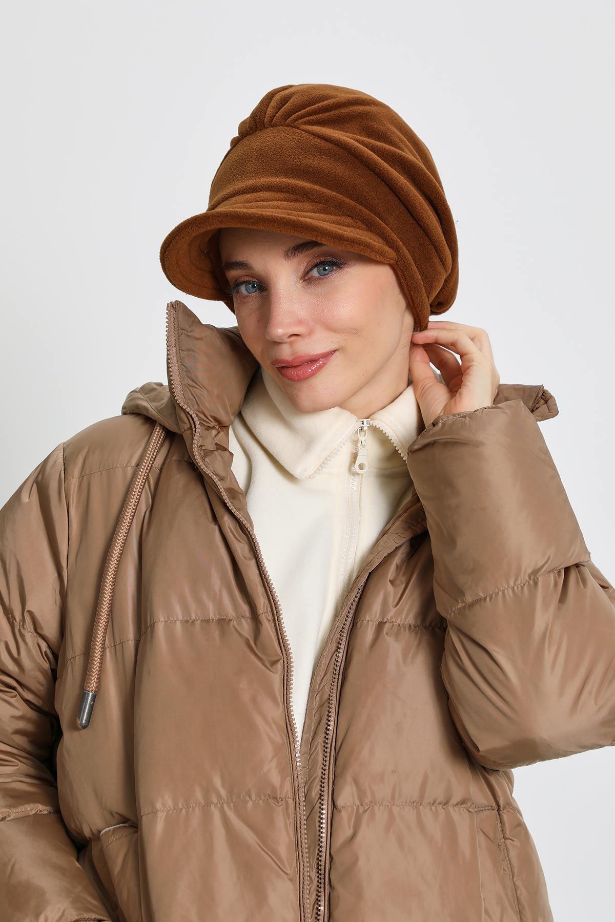Women's Winter Fleece Visor Cap Turban, Visored Fleece Turban Hat for Women, Warm and Elegant Winter Cap,B-73PL Brown