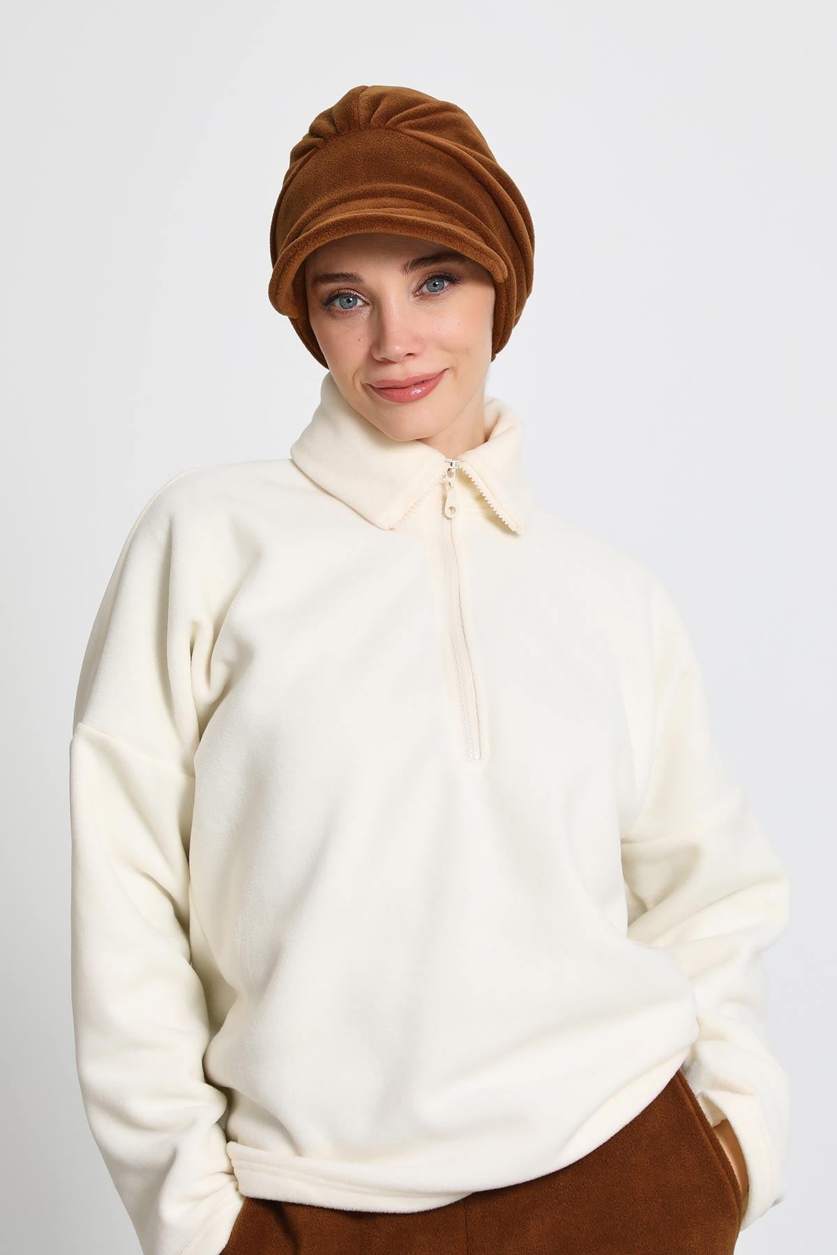 Women's Winter Fleece Visor Cap Turban, Visored Fleece Turban Hat for Women, Warm and Elegant Winter Cap,B-73PL Brown