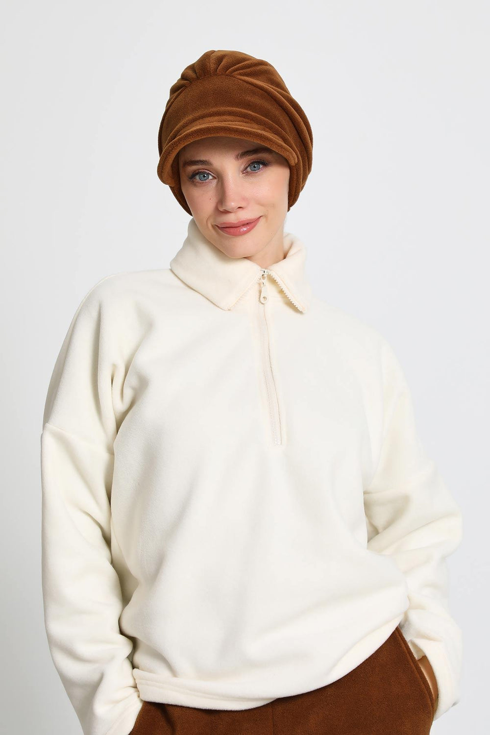 Women's Winter Fleece Visor Cap Turban, Visored Fleece Turban Hat for Women, Warm and Elegant Winter Cap,B-73PL Brown