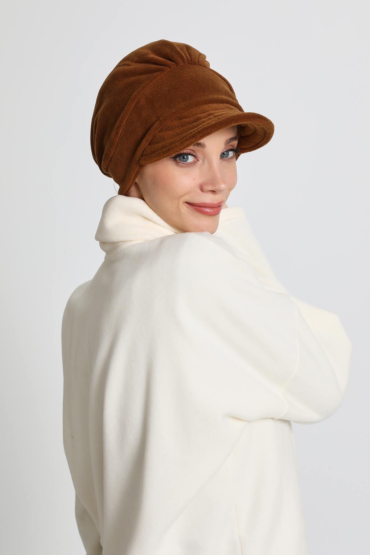 Women's Winter Fleece Visor Cap Turban, Visored Fleece Turban Hat for Women, Warm and Elegant Winter Cap,B-73PL Brown