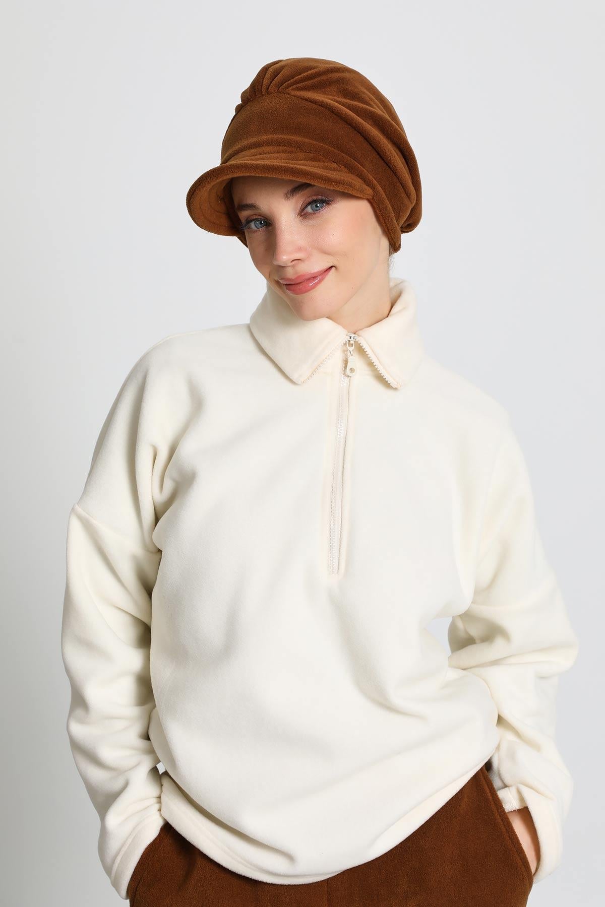 Women's Winter Fleece Visor Cap Turban, Visored Fleece Turban Hat for Women, Warm and Elegant Winter Cap,B-73PL Brown