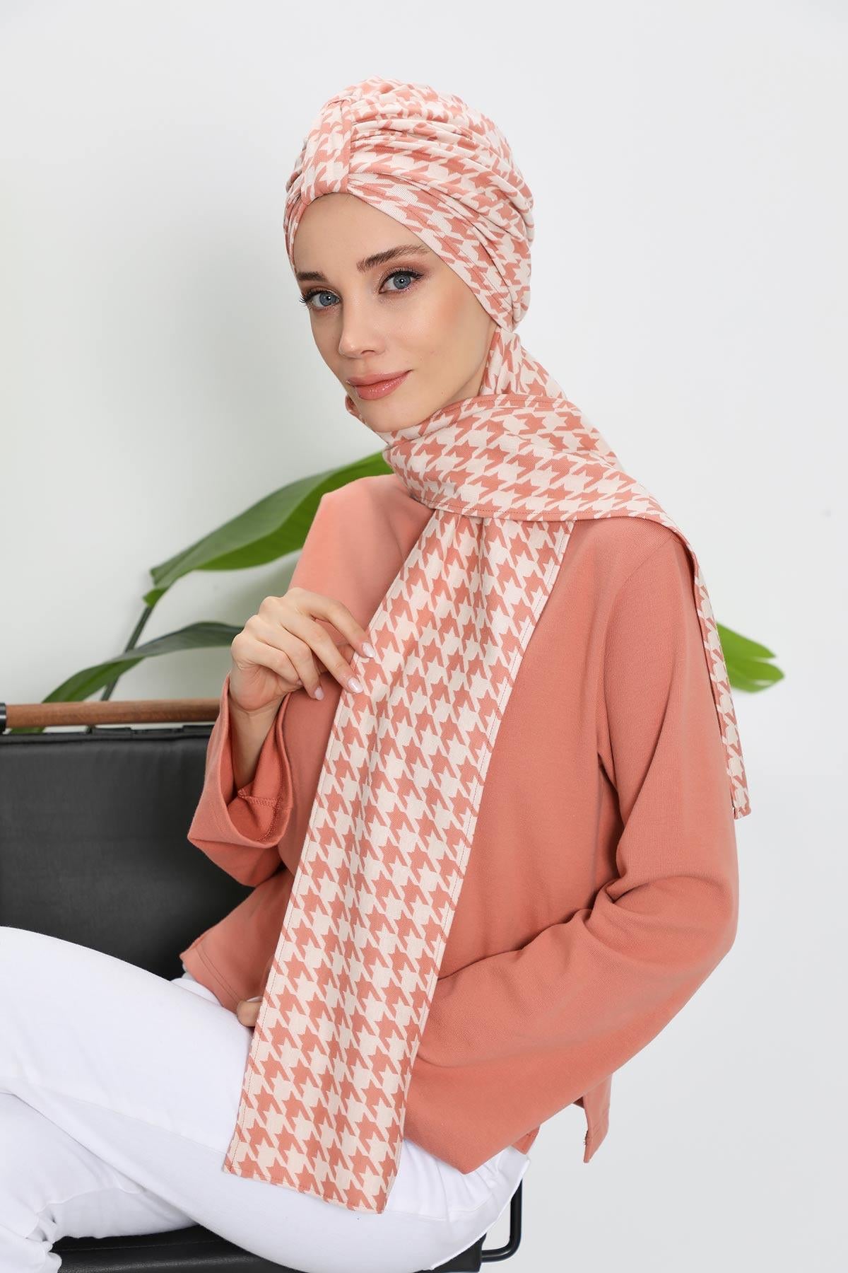 Patterned Winter Scarf Turban for Women, Polyviscose Stretch Turban with Scarf, Stylish One-Size Headwrap for Women,B-80DIV Powder Houndstooth