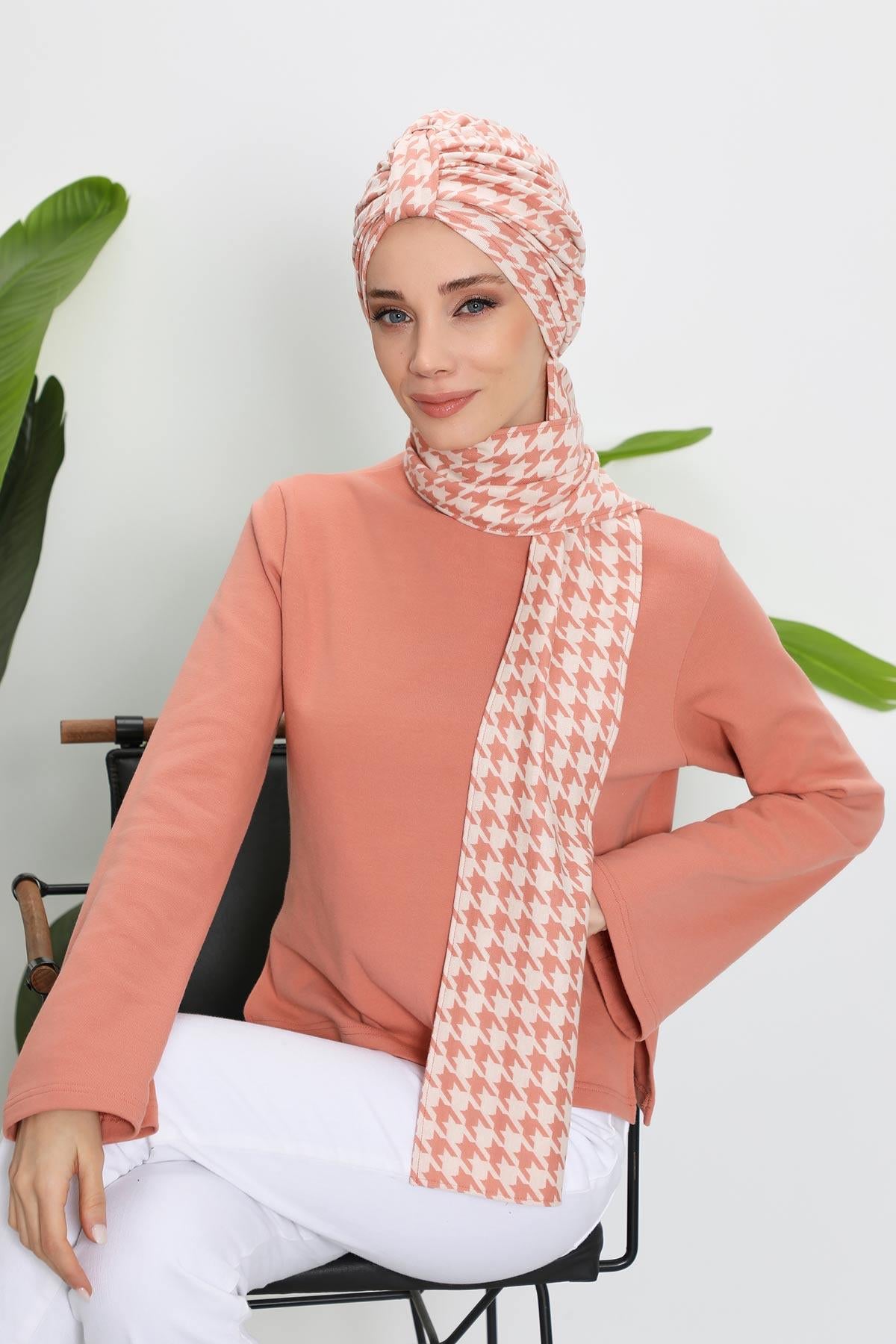 Patterned Winter Scarf Turban for Women, Polyviscose Stretch Turban with Scarf, Stylish One-Size Headwrap for Women,B-80DIV Powder Houndstooth