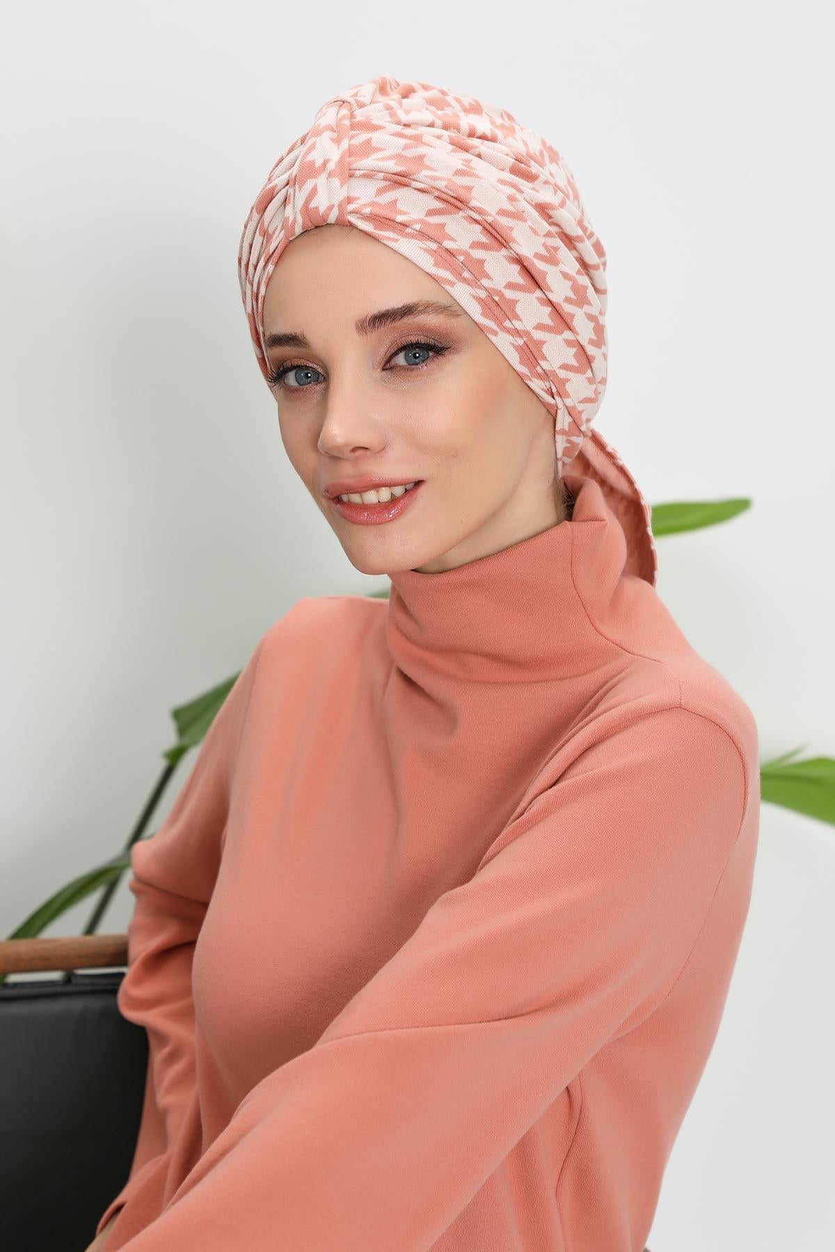 Patterned Winter Scarf Turban for Women, Polyviscose Stretch Turban with Scarf, Stylish One-Size Headwrap for Women,B-80DIV Powder Houndstooth