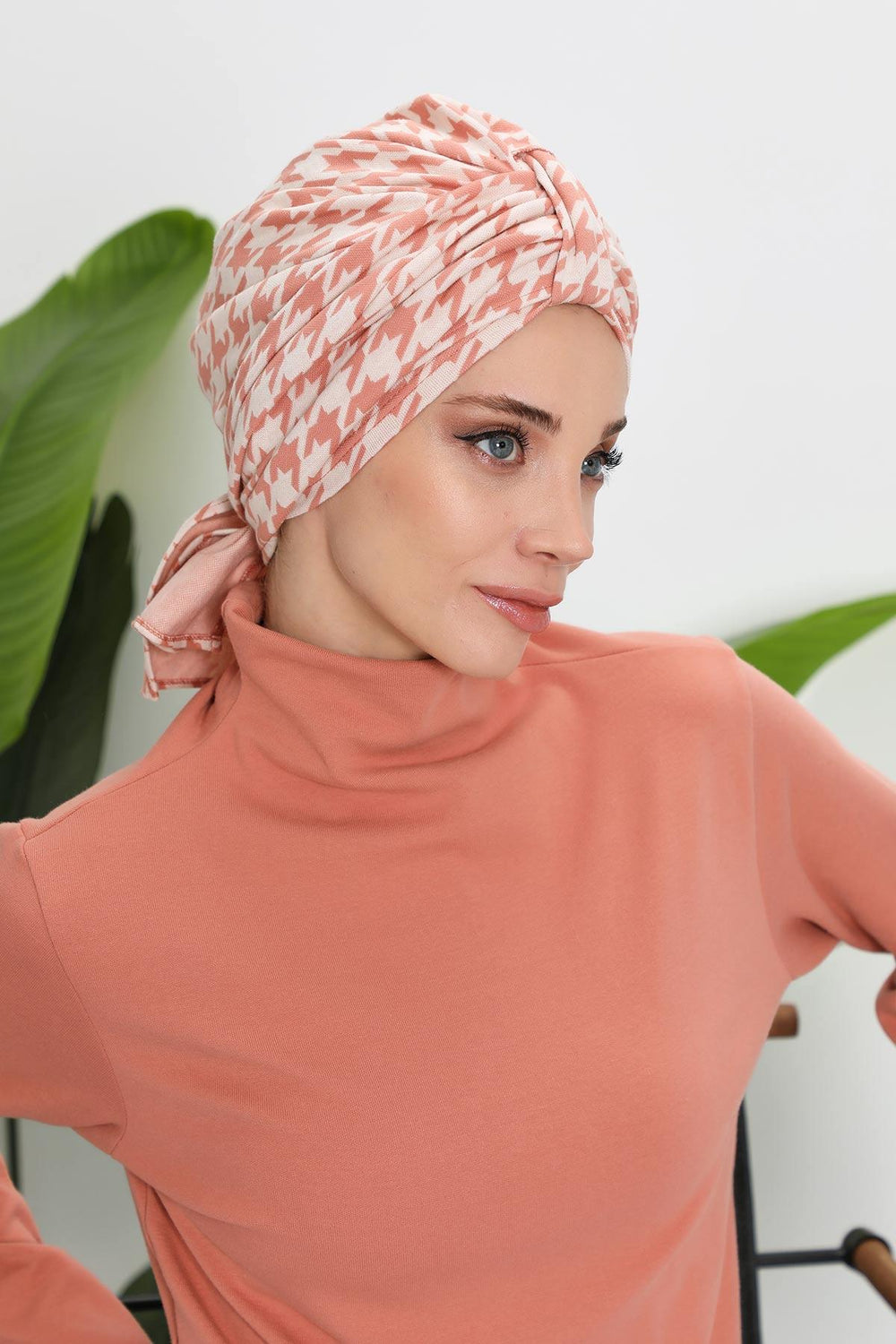 Patterned Winter Scarf Turban for Women, Polyviscose Stretch Turban with Scarf, Stylish One-Size Headwrap for Women,B-80DIV Powder Houndstooth
