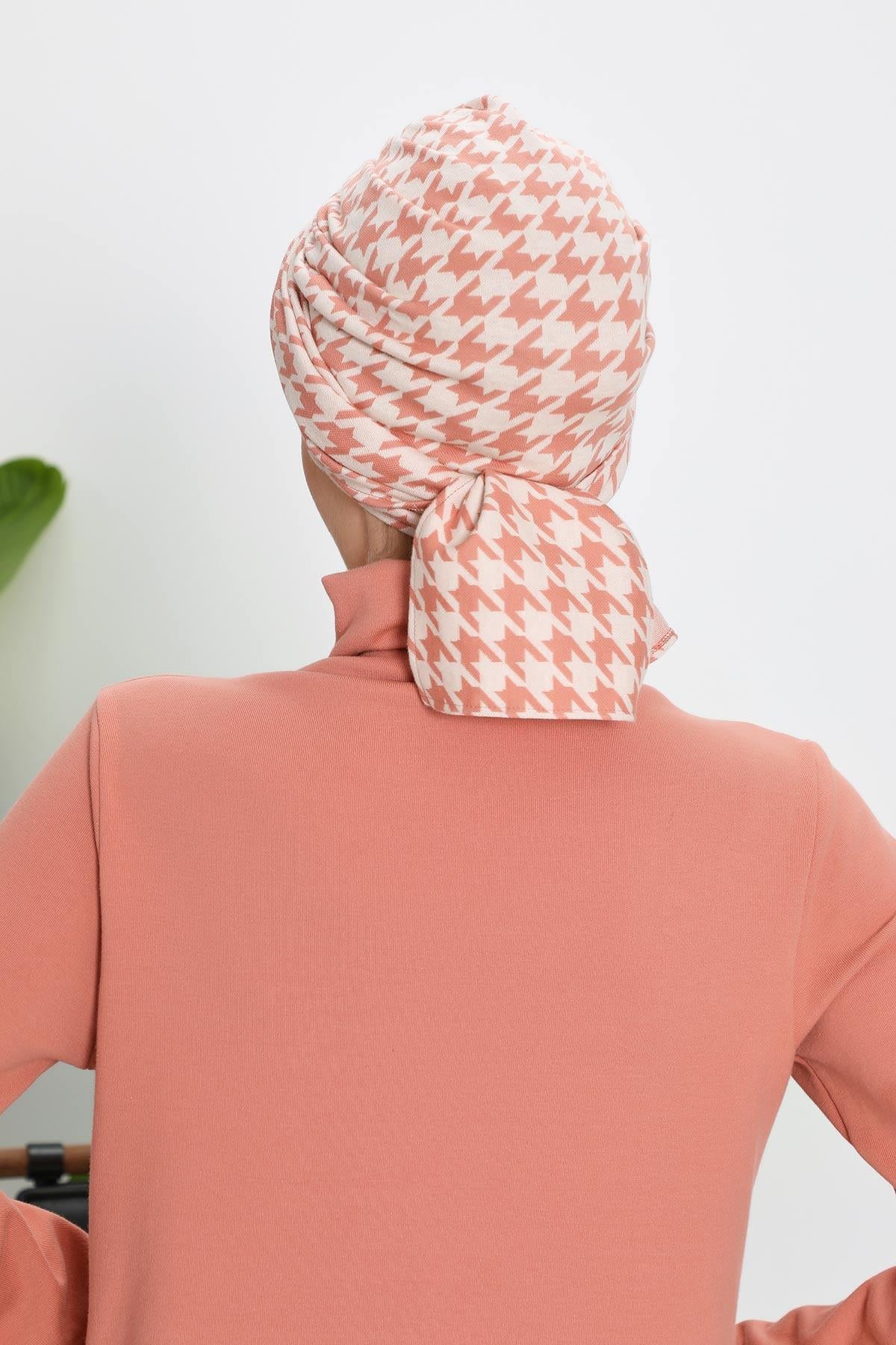 Patterned Winter Scarf Turban for Women, Polyviscose Stretch Turban with Scarf, Stylish One-Size Headwrap for Women,B-80DIV Powder Houndstooth