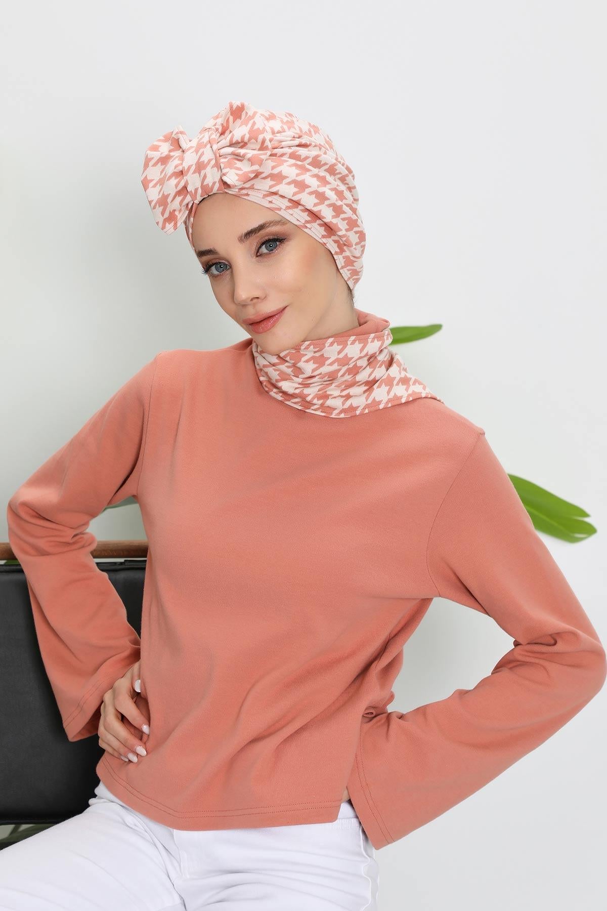 Patterned Winter Scarf Turban for Women, Polyviscose Stretch Turban with Scarf, Stylish One-Size Headwrap for Women,B-80DIV Powder Houndstooth