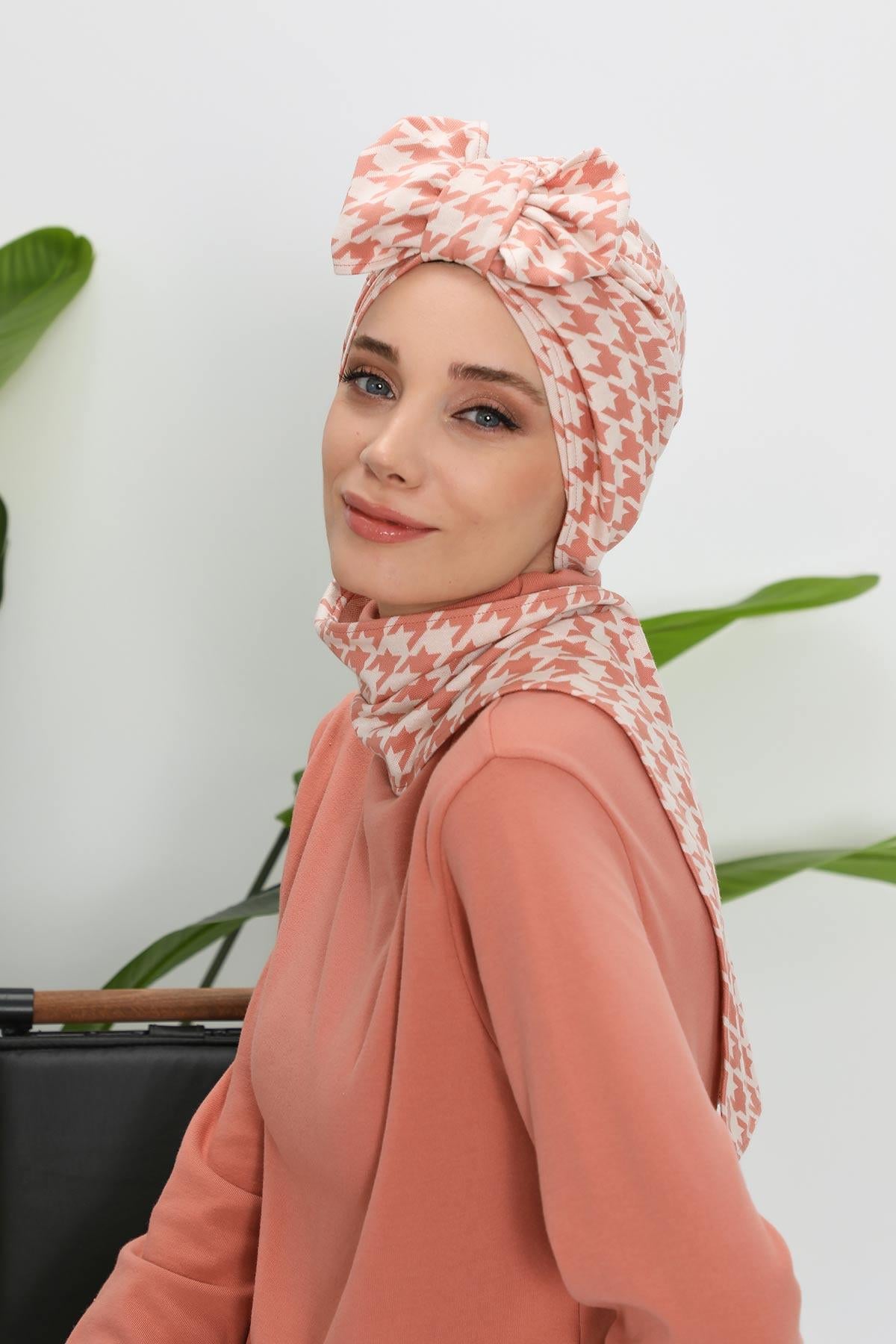 Patterned Winter Scarf Turban for Women, Polyviscose Stretch Turban with Scarf, Stylish One-Size Headwrap for Women,B-80DIV Powder Houndstooth