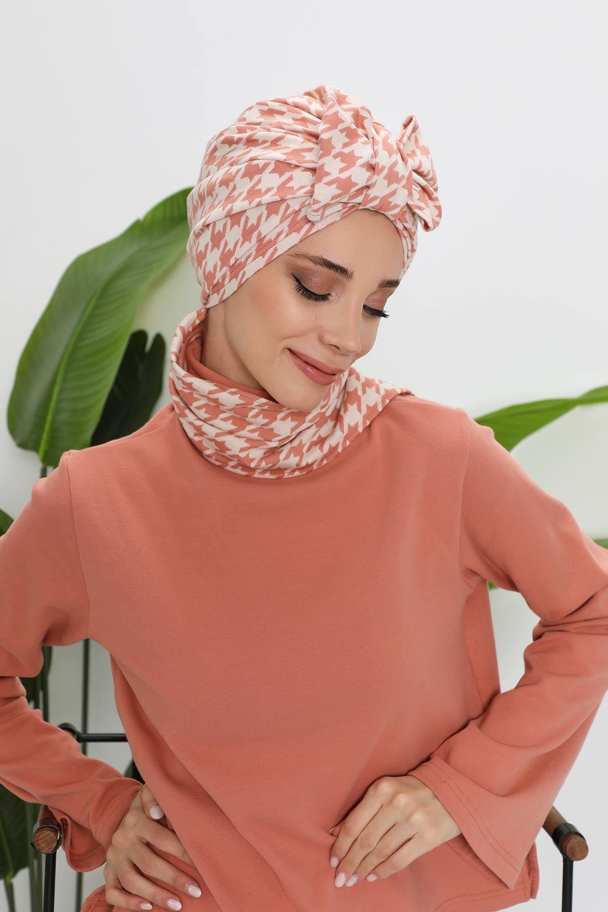 Patterned Winter Scarf Turban for Women, Polyviscose Stretch Turban with Scarf, Stylish One-Size Headwrap for Women,B-80DIV Powder Houndstooth