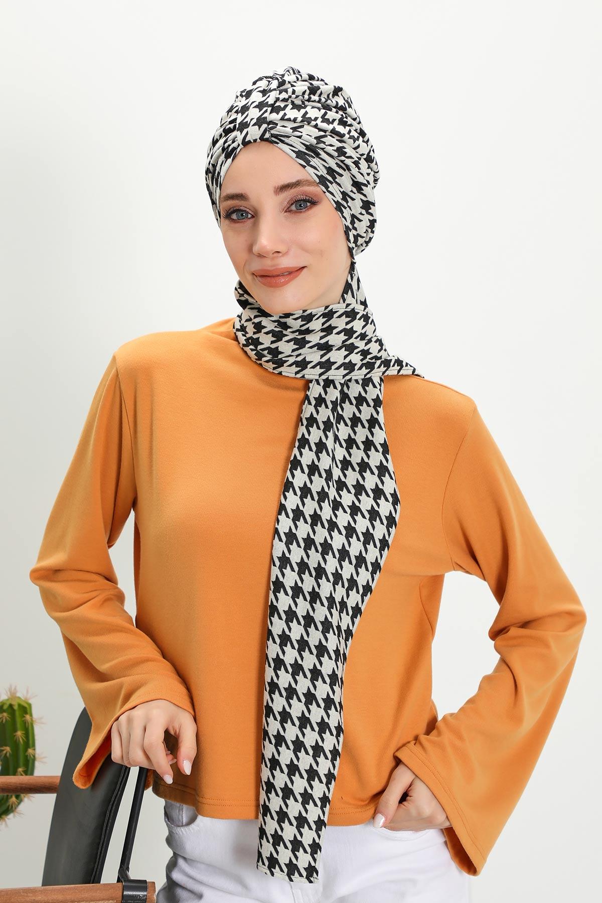Patterned Winter Scarf Turban for Women, Polyviscose Stretch Turban with Scarf, Stylish One-Size Headwrap for Women,B-80DIV Black Houndstooth