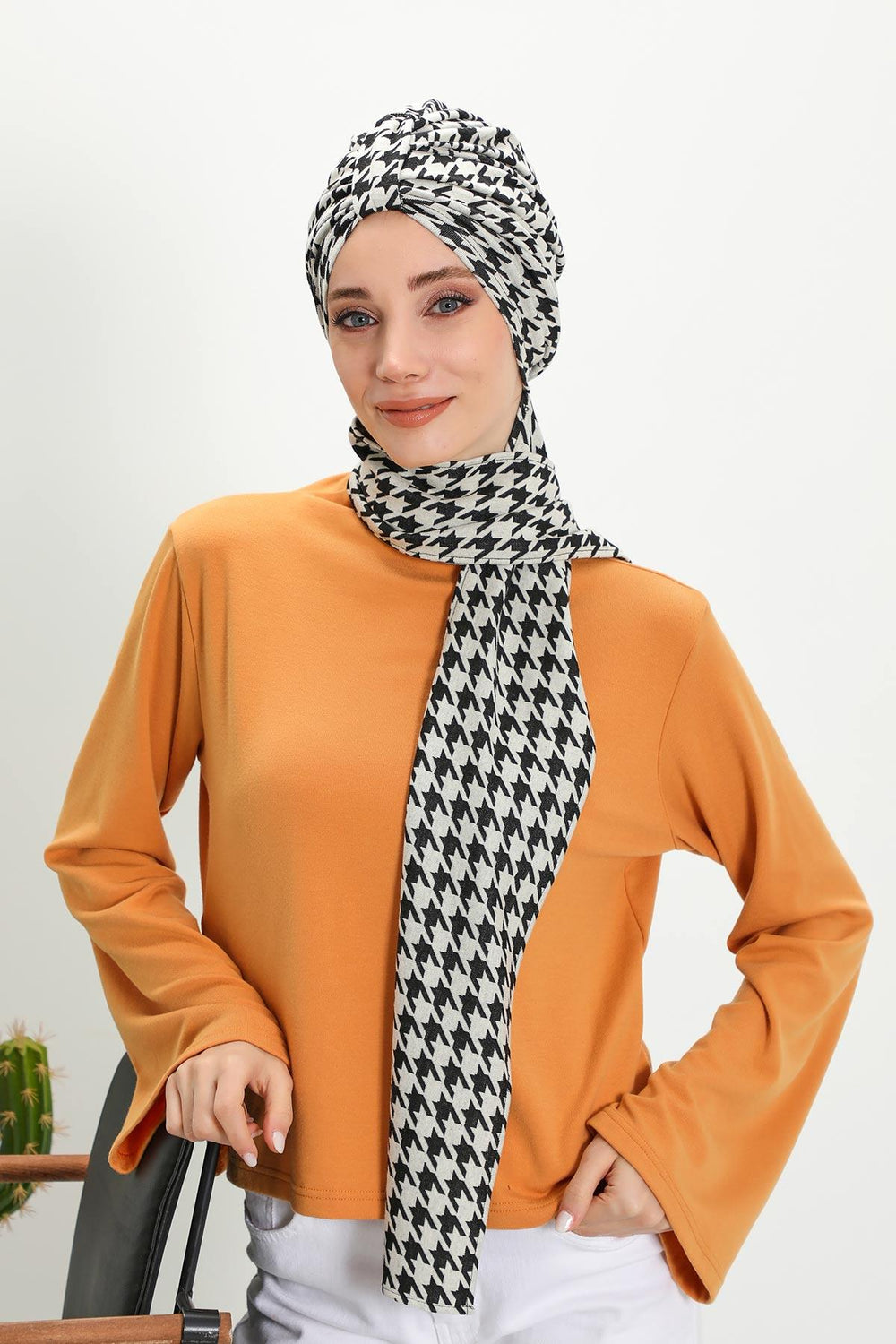 Patterned Winter Scarf Turban for Women, Polyviscose Stretch Turban with Scarf, Stylish One-Size Headwrap for Women,B-80DIV Black Houndstooth