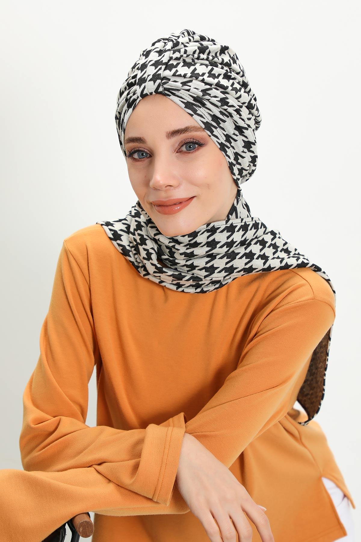 Patterned Winter Scarf Turban for Women, Polyviscose Stretch Turban with Scarf, Stylish One-Size Headwrap for Women,B-80DIV Black Houndstooth