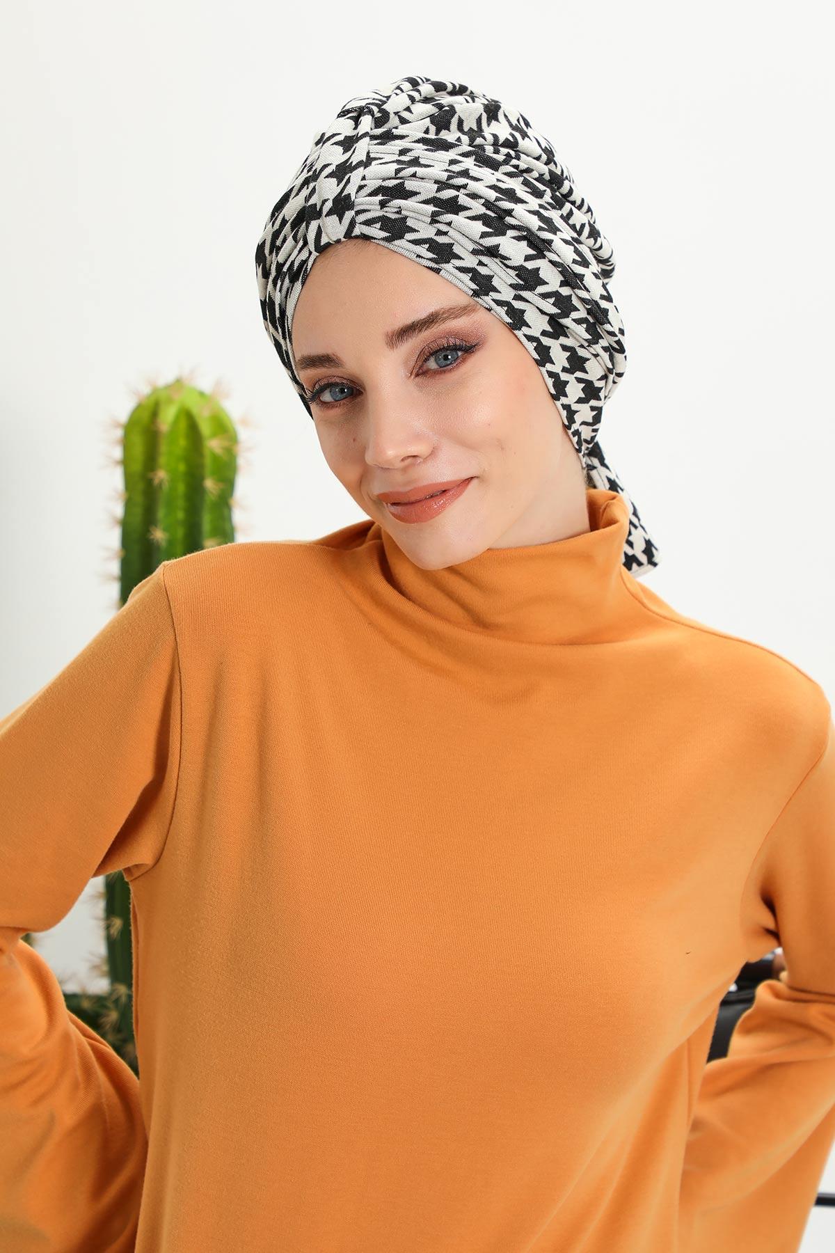 Patterned Winter Scarf Turban for Women, Polyviscose Stretch Turban with Scarf, Stylish One-Size Headwrap for Women,B-80DIV Black Houndstooth