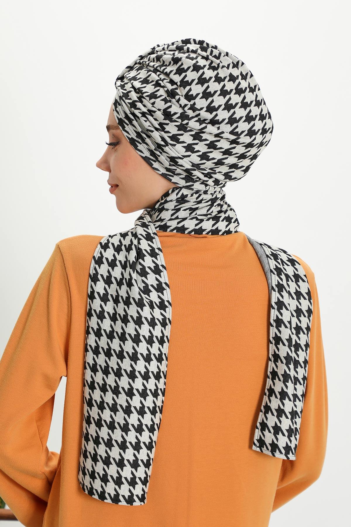 Patterned Winter Scarf Turban for Women, Polyviscose Stretch Turban with Scarf, Stylish One-Size Headwrap for Women,B-80DIV Black Houndstooth