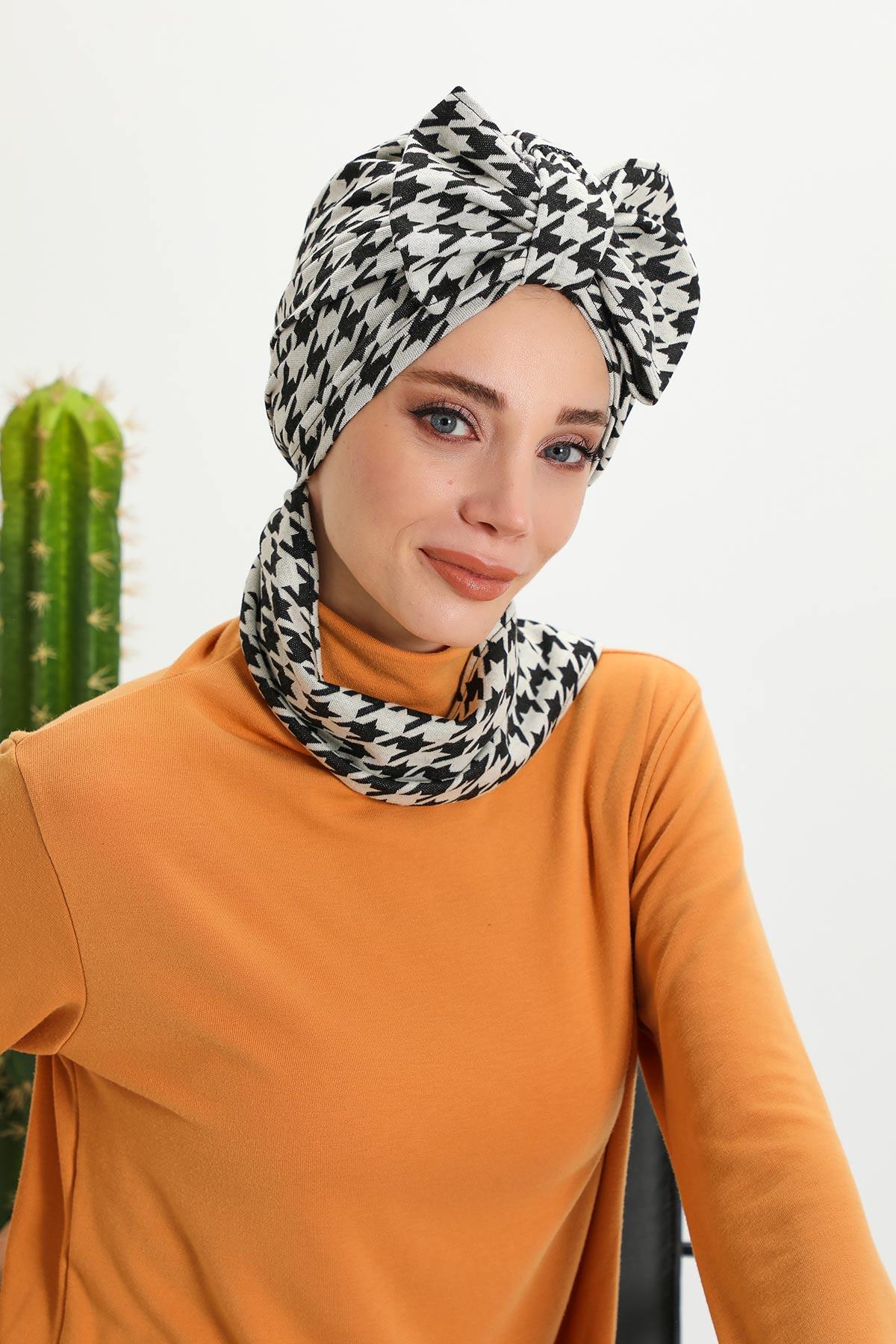 Patterned Winter Scarf Turban for Women, Polyviscose Stretch Turban with Scarf, Stylish One-Size Headwrap for Women,B-80DIV Black Houndstooth