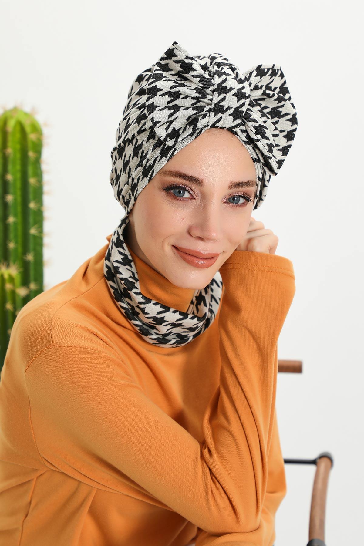 Patterned Winter Scarf Turban for Women, Polyviscose Stretch Turban with Scarf, Stylish One-Size Headwrap for Women,B-80DIV Black Houndstooth