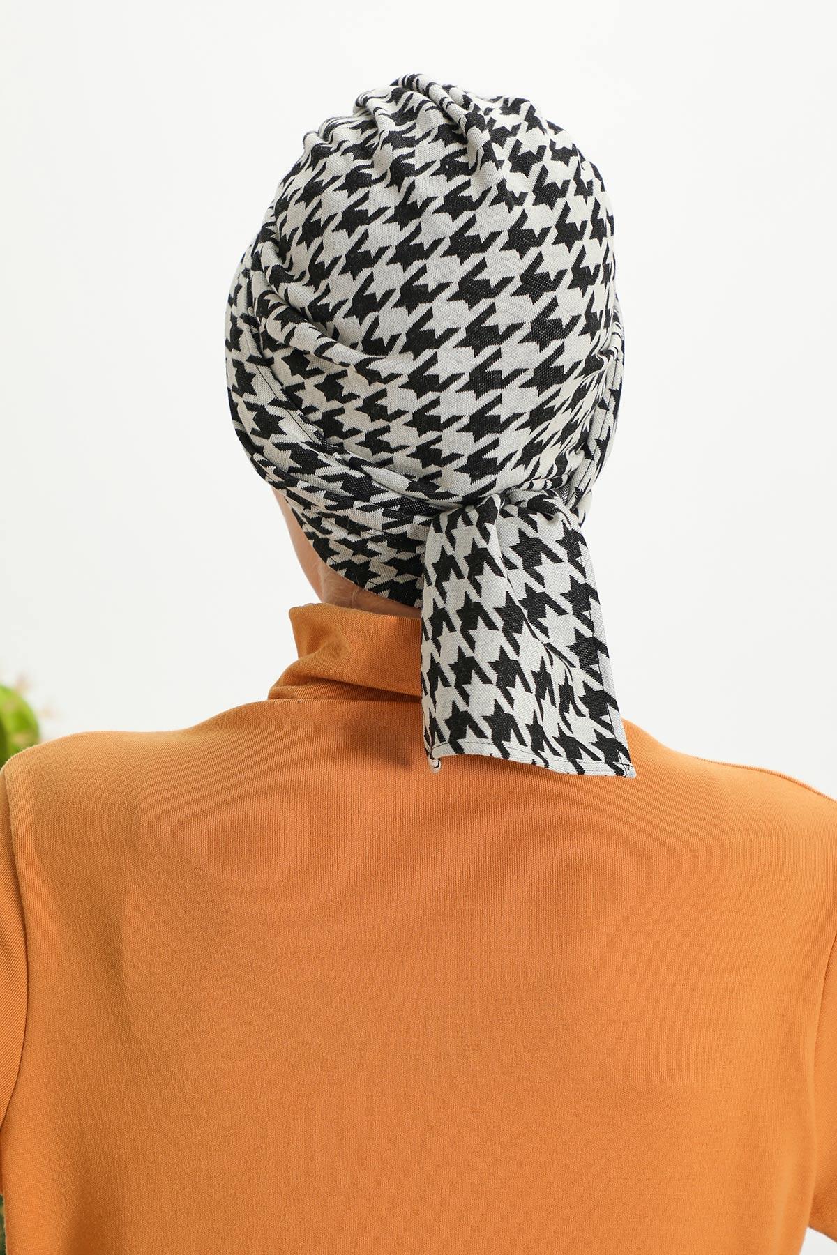 Patterned Winter Scarf Turban for Women, Polyviscose Stretch Turban with Scarf, Stylish One-Size Headwrap for Women,B-80DIV Black Houndstooth