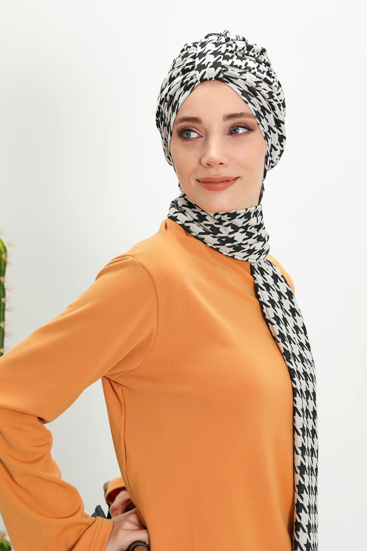 Patterned Winter Scarf Turban for Women, Polyviscose Stretch Turban with Scarf, Stylish One-Size Headwrap for Women,B-80DIV Black Houndstooth