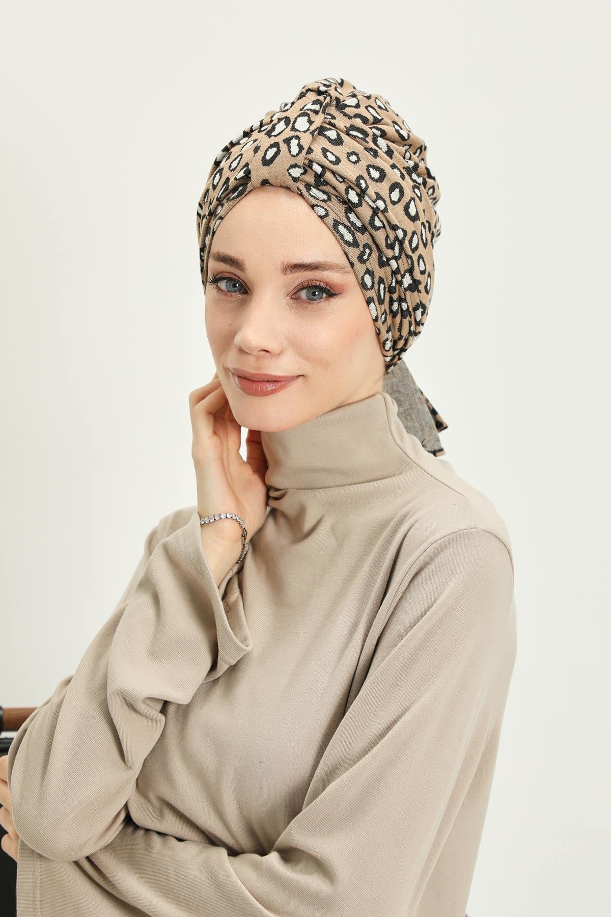 Patterned Winter Scarf Turban for Women, Polyviscose Stretch Turban with Scarf, Stylish One-Size Headwrap for Women,B-80DIV Leopard