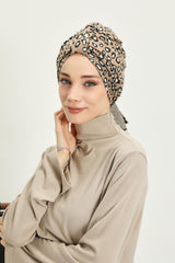 Patterned Winter Scarf Turban for Women, Polyviscose Stretch Turban with Scarf, Stylish One-Size Headwrap for Women,B-80DIV Leopard