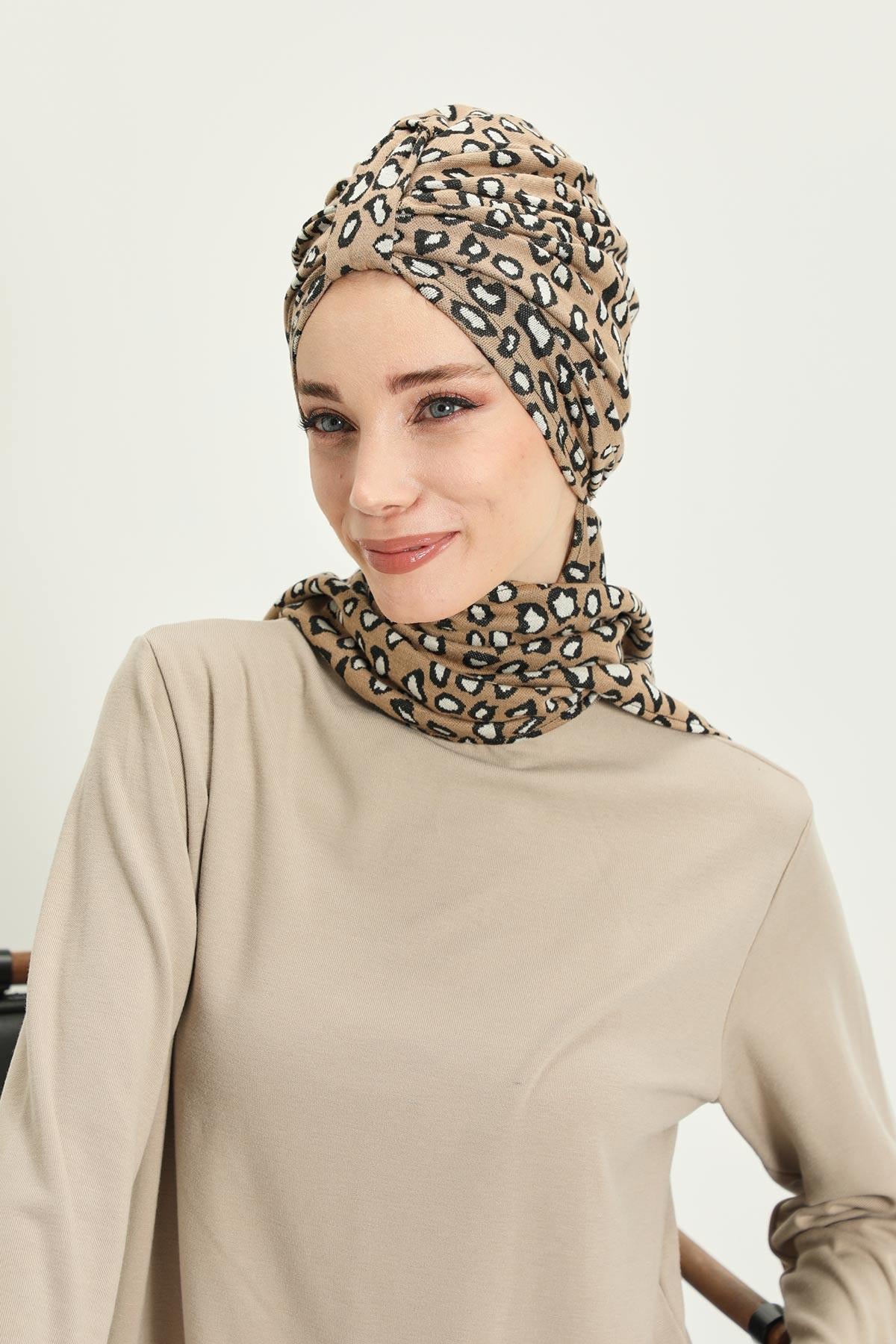 Patterned Winter Scarf Turban for Women, Polyviscose Stretch Turban with Scarf, Stylish One-Size Headwrap for Women,B-80DIV Leopard
