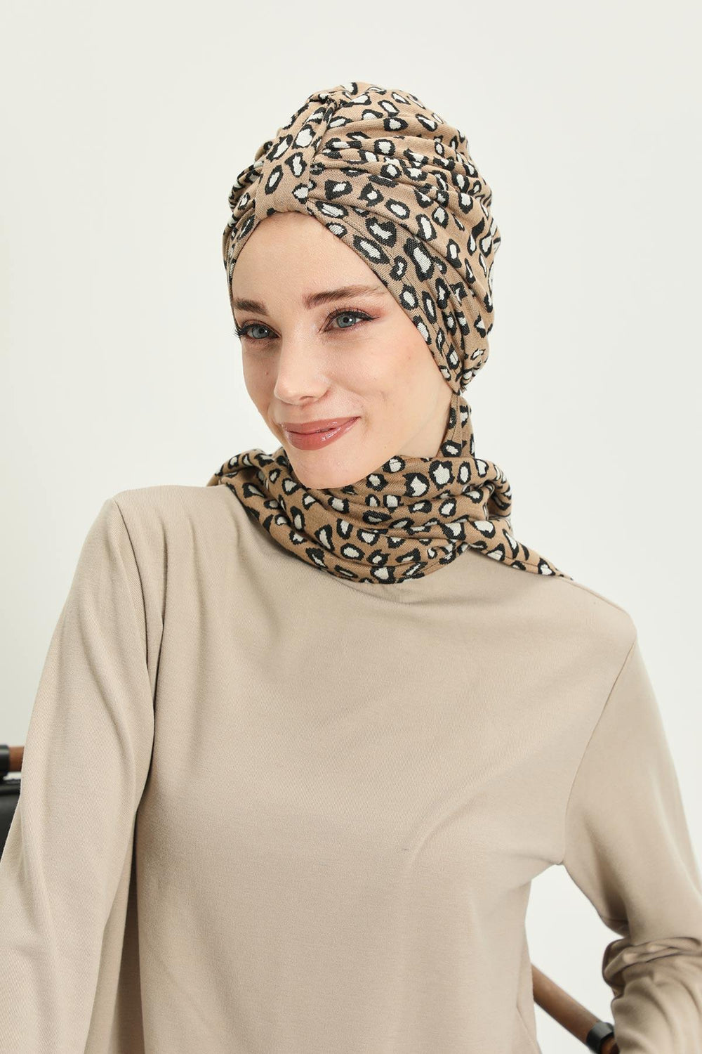 Patterned Winter Scarf Turban for Women, Polyviscose Stretch Turban with Scarf, Stylish One-Size Headwrap for Women,B-80DIV Leopard