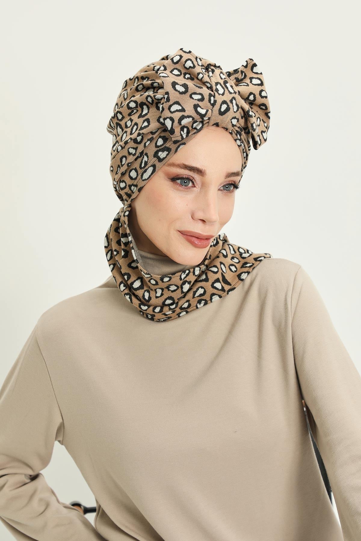 Patterned Winter Scarf Turban for Women, Polyviscose Stretch Turban with Scarf, Stylish One-Size Headwrap for Women,B-80DIV Leopard