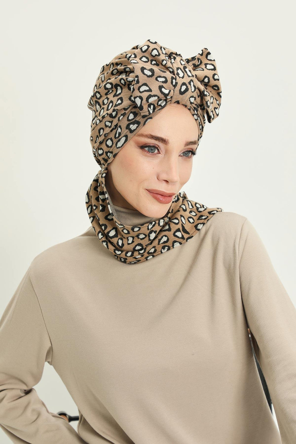 Patterned Winter Scarf Turban for Women, Polyviscose Stretch Turban with Scarf, Stylish One-Size Headwrap for Women,B-80DIV Leopard