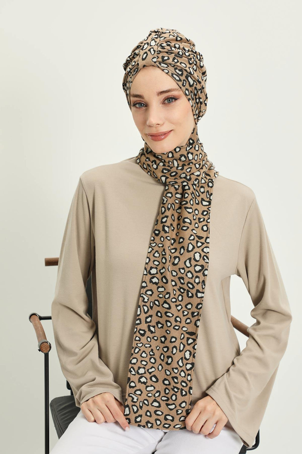 Patterned Winter Scarf Turban for Women, Polyviscose Stretch Turban with Scarf, Stylish One-Size Headwrap for Women,B-80DIV Leopard