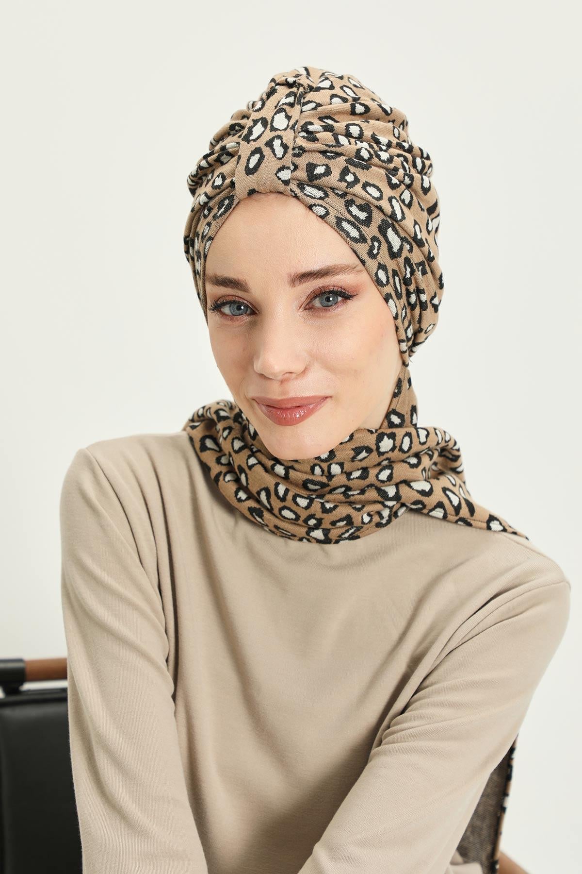 Patterned Winter Scarf Turban for Women, Polyviscose Stretch Turban with Scarf, Stylish One-Size Headwrap for Women,B-80DIV Leopard