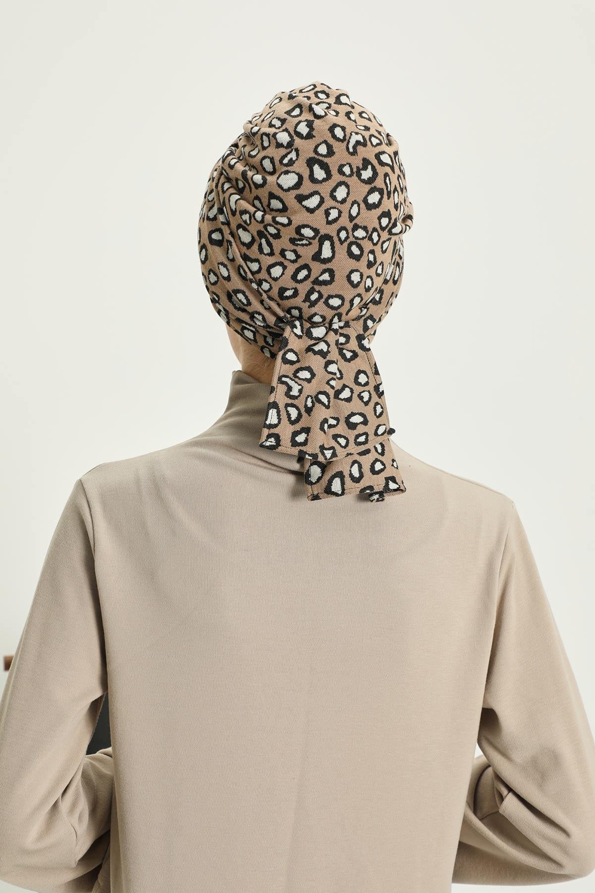 Patterned Winter Scarf Turban for Women, Polyviscose Stretch Turban with Scarf, Stylish One-Size Headwrap for Women,B-80DIV Leopard
