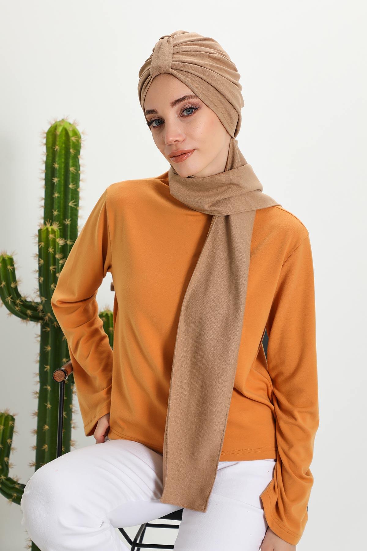 Minimalist Winter Scarf Turban for Women, Polyviscose Stretch Headwrap, One-Size Elegant Turban with Scarf,B-80IV Sand Brown
