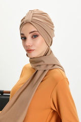 Minimalist Winter Scarf Turban for Women, Polyviscose Stretch Headwrap, One-Size Elegant Turban with Scarf,B-80IV Sand Brown